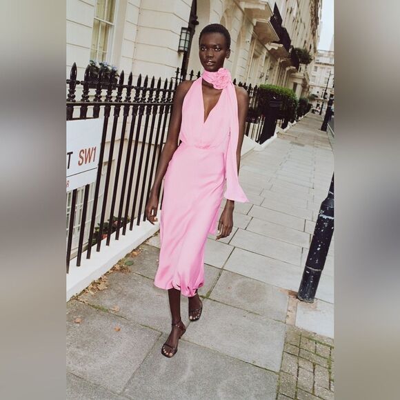 NWT ZARA FLORAL SATIN EFFECT MIDI DRESS pink - Picture 7 of 17